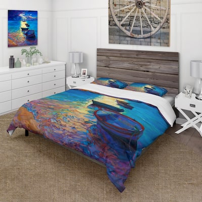 Designart 'Fishing Boats On The Water With Dark Blue Sky II' Lake House Duvet Cover Comforter Set