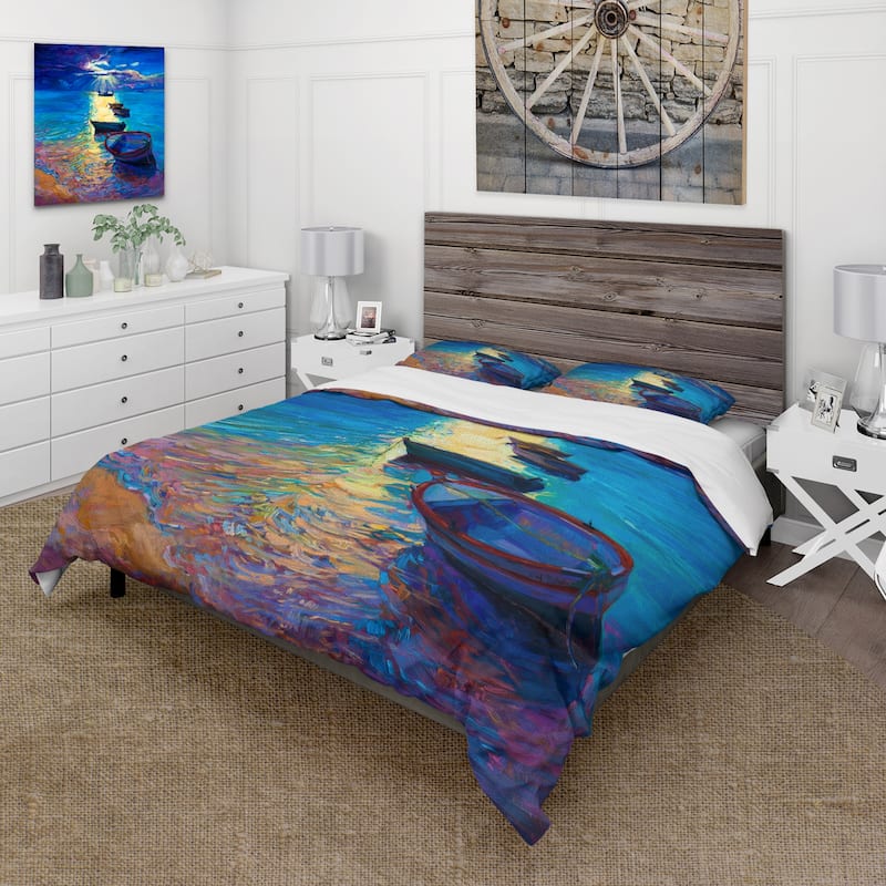 Designart 'Fishing Boats On The Water With Dark Blue Sky II' Lake House Duvet Cover Set