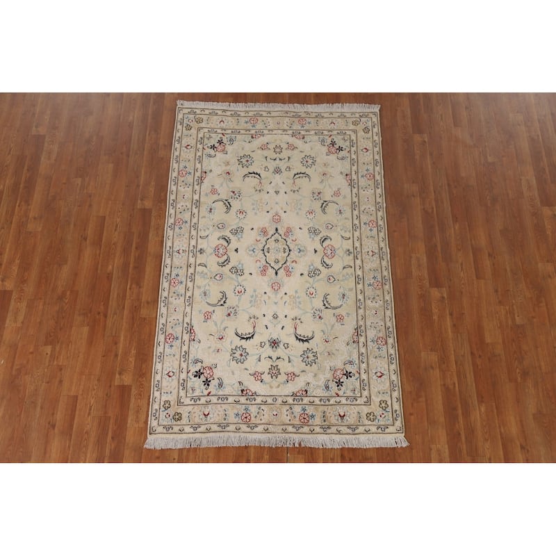 Nain Persian Vintage Area Rug Handmade Wool & Silk Highlight Carpet - 4'0"x 6'5"