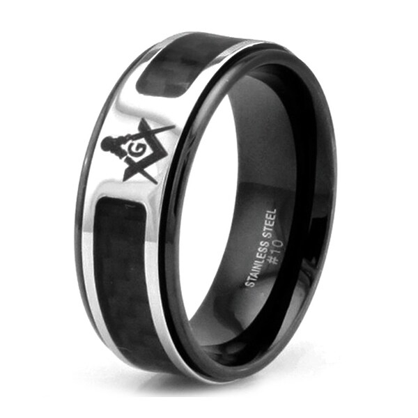 8mm Black Titanium Masonic Ring w/ Carbon Fiber Inlay