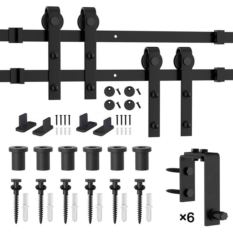 WINSOON 5-16FT Bypass Sliding Barn Door Hardware Kit for Double Doors J Shape Hangers