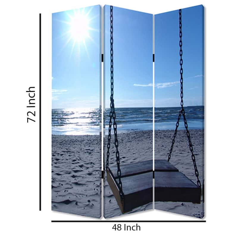 Wooden 3 Panel Room Divider with Seaside Screen Pattern, Blue and Gray