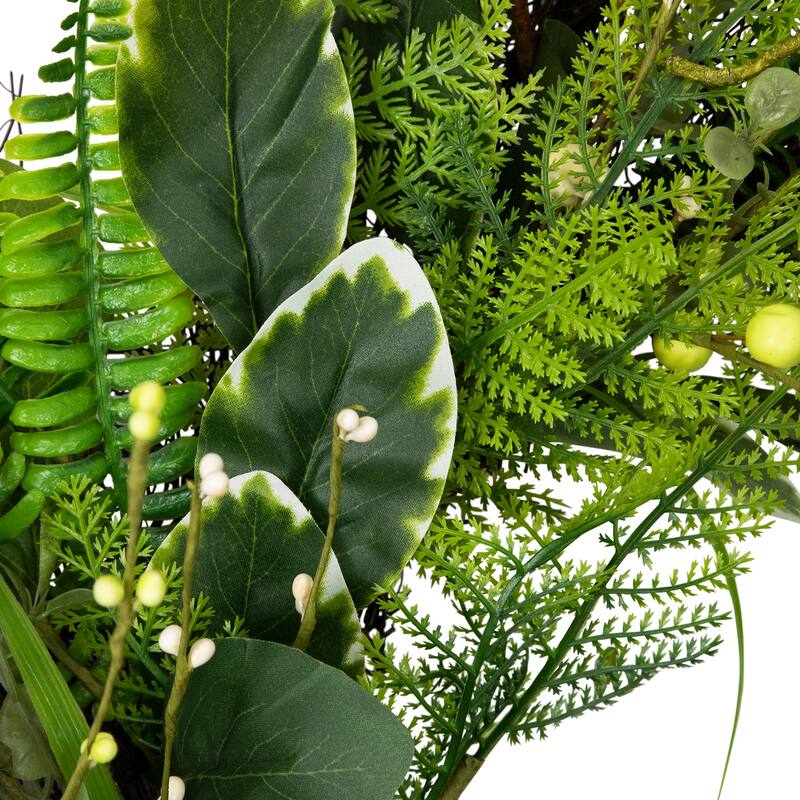 Green Brown Foliage Artificial Spring Wreath with Nest - 24", Unlit