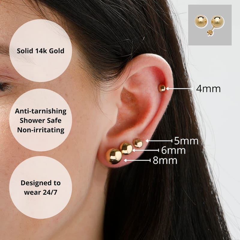 Curata 14k Yellow Gold Polished Classic Ball Pushback Stud Earrings - 2mm-10mm
