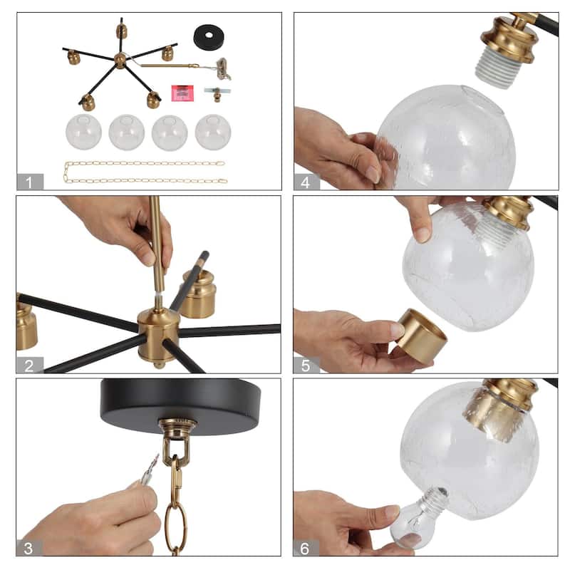 Modern 5-Light Black Gold Chandelier Orb Seeded Glass Pendant Light for Dining Room - 23" D x 17.5" H
