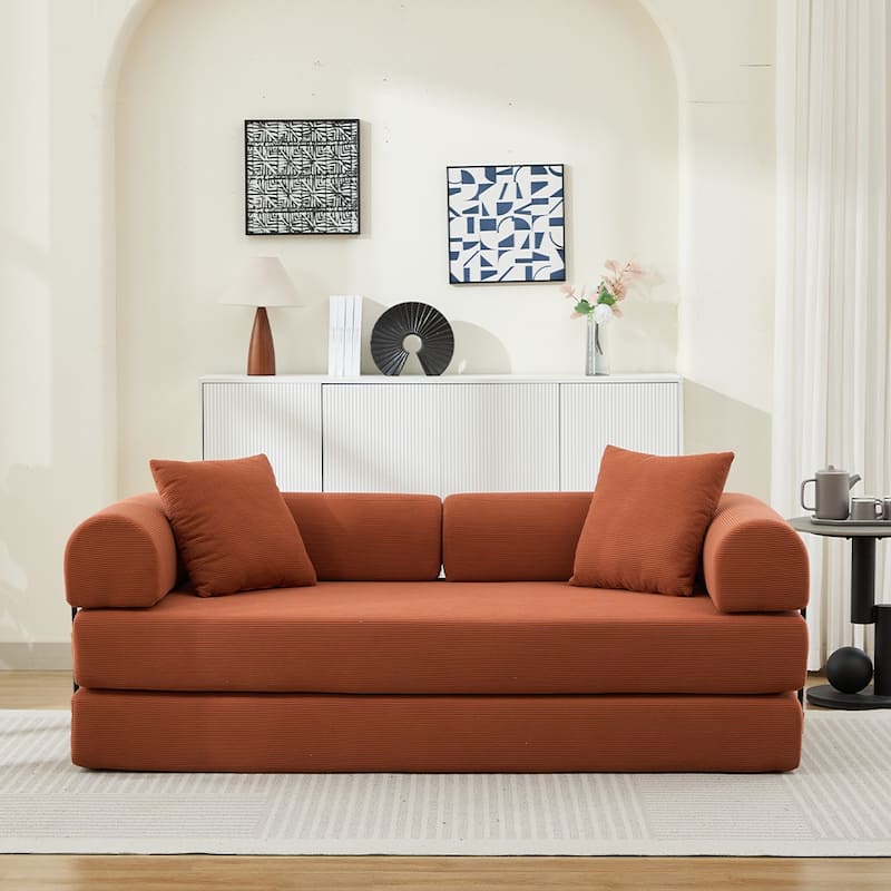 Folding Upholstered Sofa Bed, 78.5" Convertible Sleeper Sofa Bed with 2 Pillows, Fold Out Loveseat Couch, Futon Couch - Orange