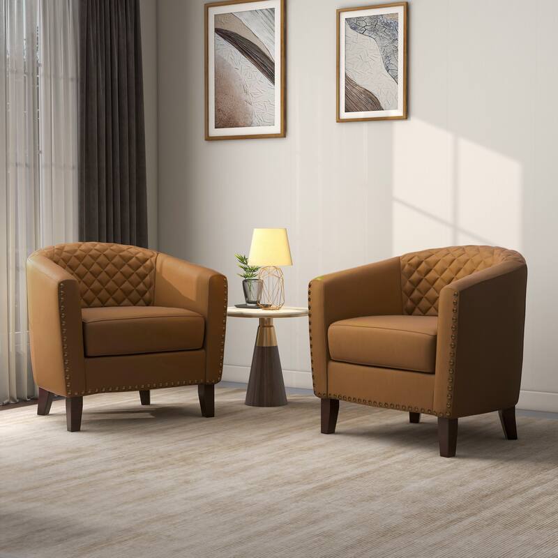2 Set 29" W Vegan Leather Barrel Accent Chairs with Nailheads Trim