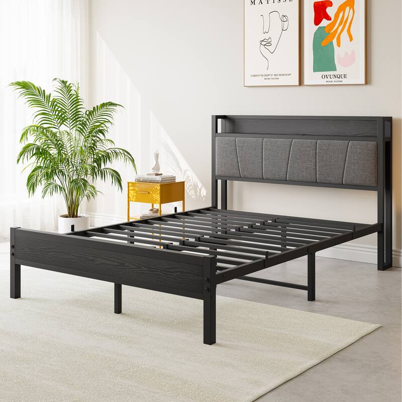 Grey Metal & Wood Full Platform Bed Frame with Storage Headboard and Charging Station