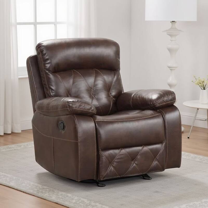 Kesy Manual Glider Recliner Chair, Pillow Top Arms, Brown Faux Leather