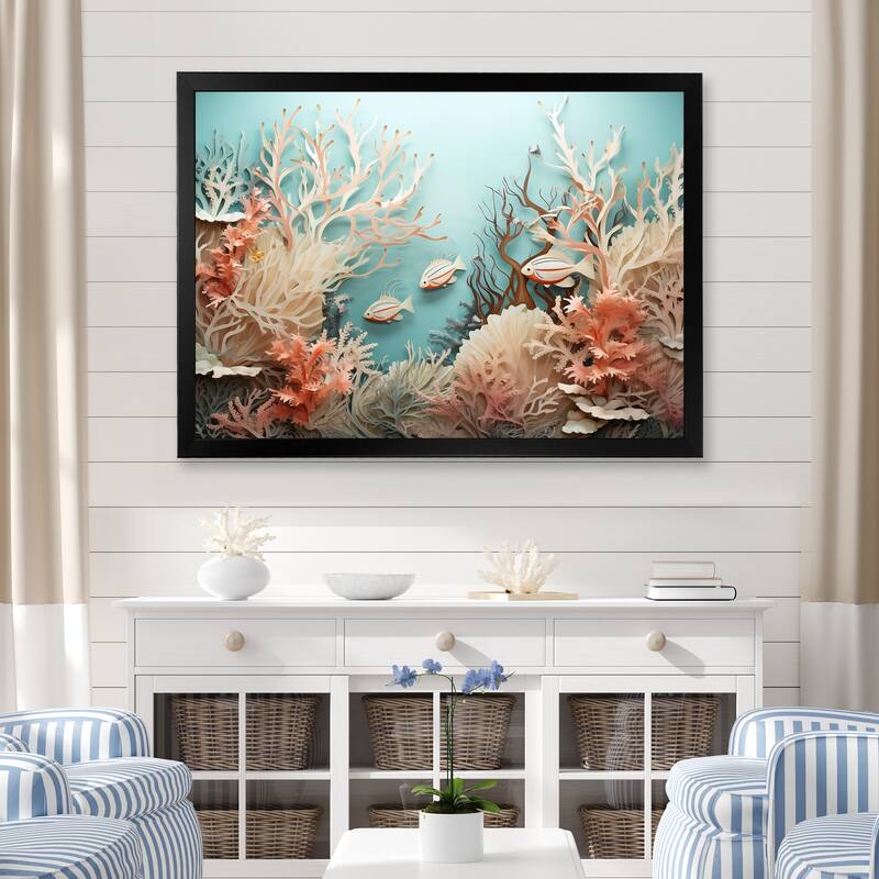 Designart "Watercolor Fish Dance Collage " Coastal Coral Under Water Framed Wall Art Prints - 44 in. wide x 34 in. high - Black