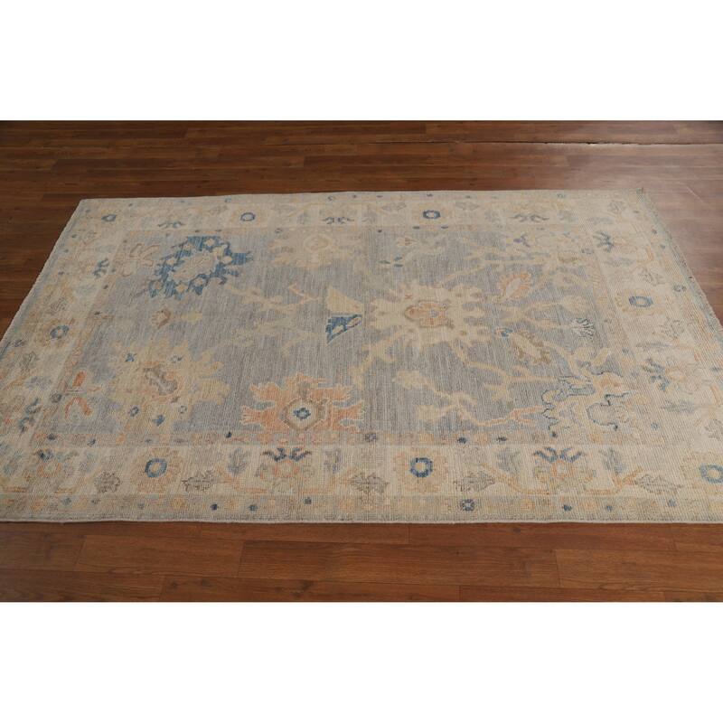 Vegetable Dye Oushak Turkish Rug Handmade Bedroom Grey Wool Carpet - 4'2"x 6'11"
