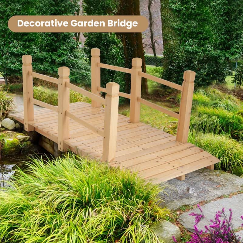 Costway 5' Wooden Garden Bridge Arc Stained Finish Footbridge Backyard