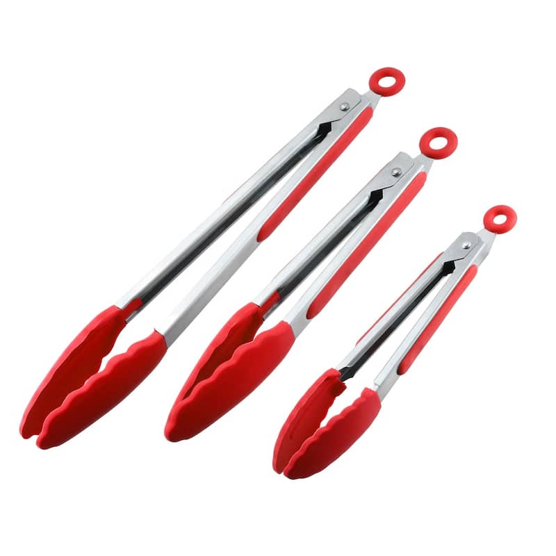 Kitchen Tongs Stainless Steel Locking Tong Set of 3 7-inch 9-inch 12-inch Red - 7 & 9 & 12 Inch