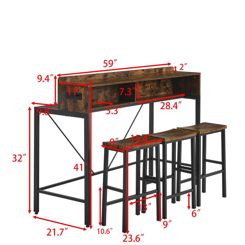 59 inch bar table, dining table, sofa table with power socket and LED light, 3 saddle stools, 4-piece bar table and chai
