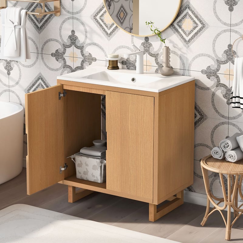 30 inch Solid Wood Freestanding Bathroom Vanity Set in Burly Wood with White Integrated Resin Sink