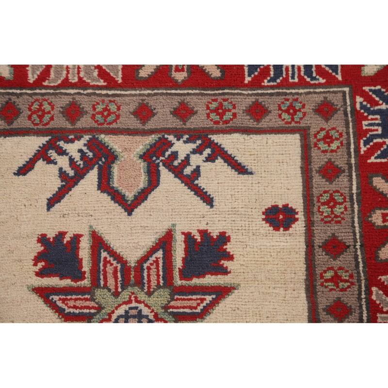 Ivory Geometric Kazak Area Rug Hand-Knotted Wool Carpet - 4'10" x 6'5"