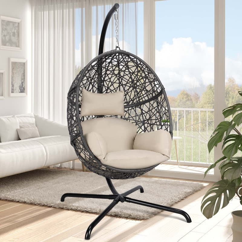 Oversized Outdoor Egg Chair with Stand, 450lbs Capacity Wicker Hanging Swing Chair, Extra Large Patio Lounge Chair with Cushions