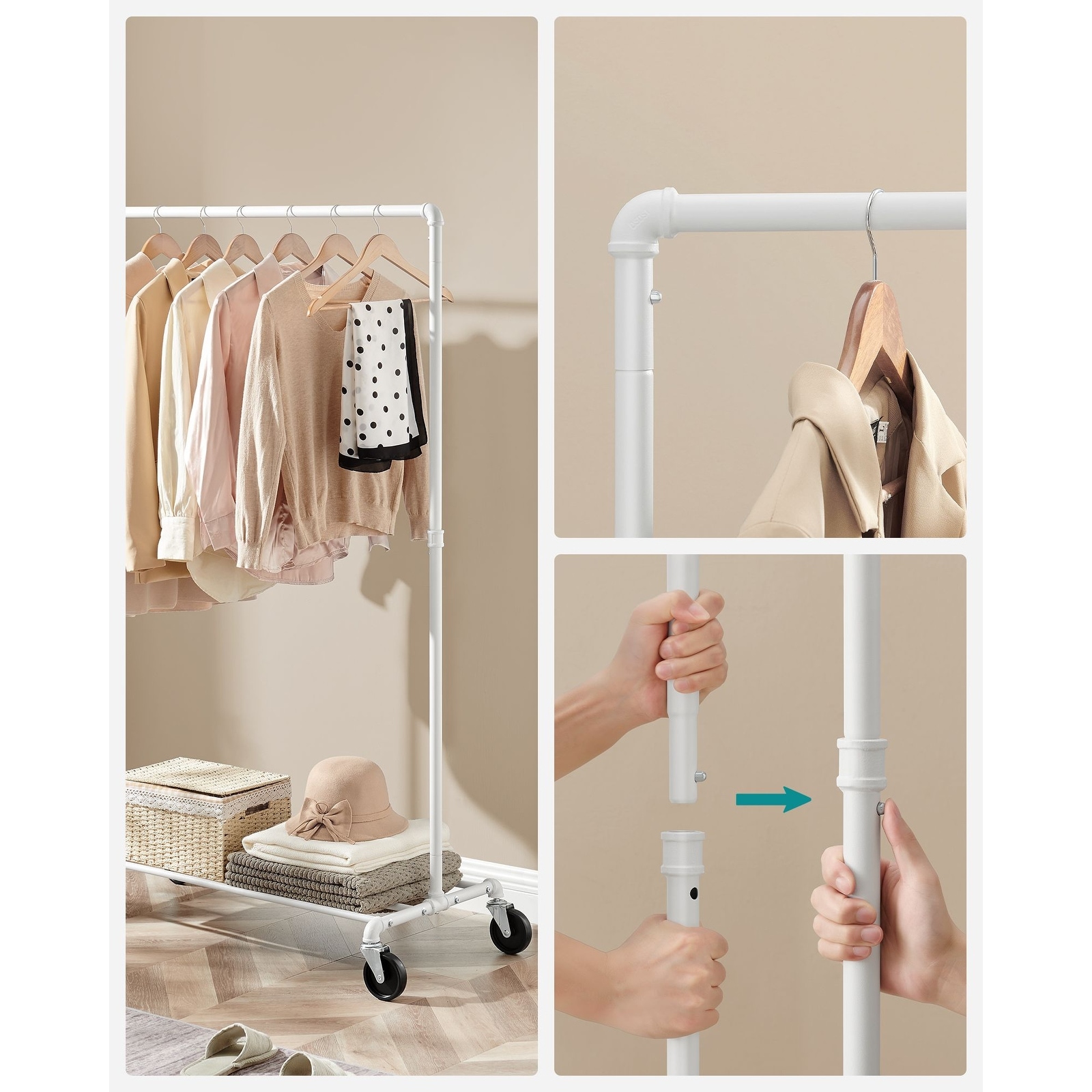 White clothes on sale rail on wheels
