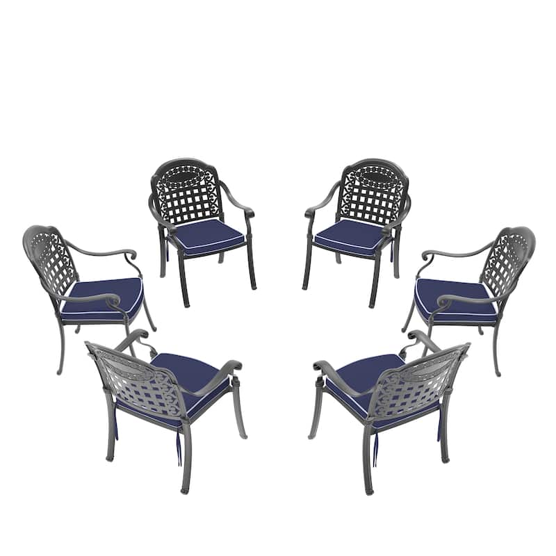 Black Stackable Cast Aluminum Patio Outdoor Dining Chairs With Blue Seat Cushions