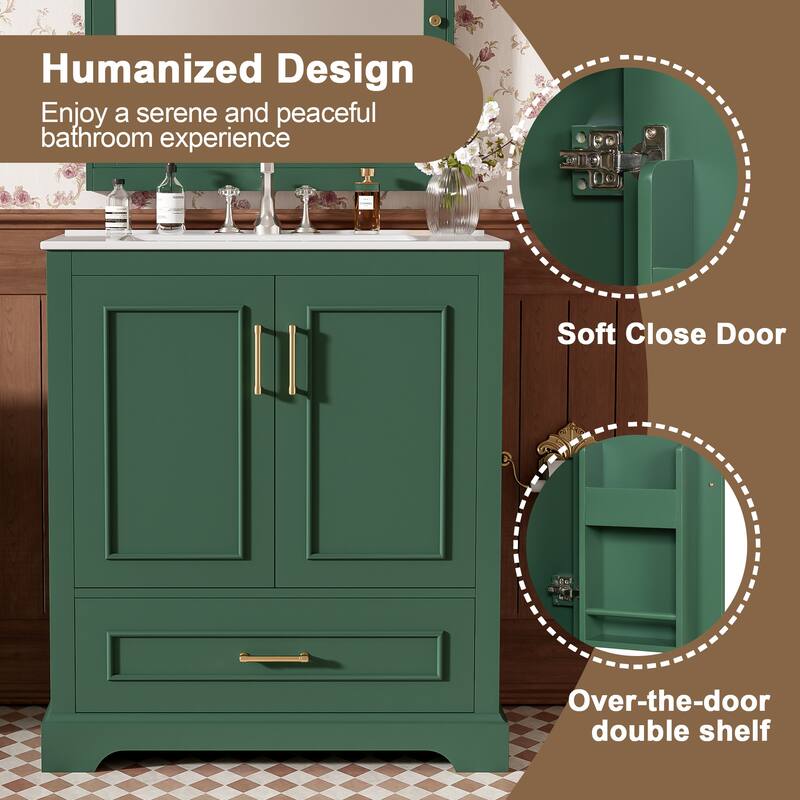 30" Bathroom Vanity with Sink, MDF and Solid Wood Frame, 1 Divider Drawer and 2 Soft-close Doors (Double Shelf on Door)