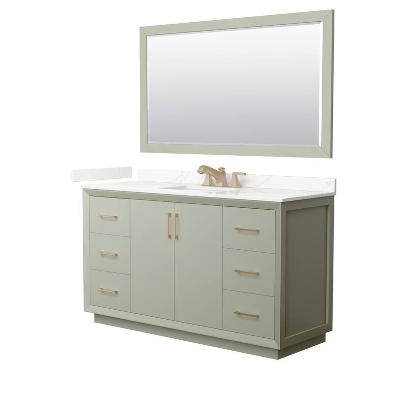 Strada 60-inch Single Vanity, Quartz Top, 58-inch Mirror - Light Green, Bronze Trim, Giotto Quartz Top