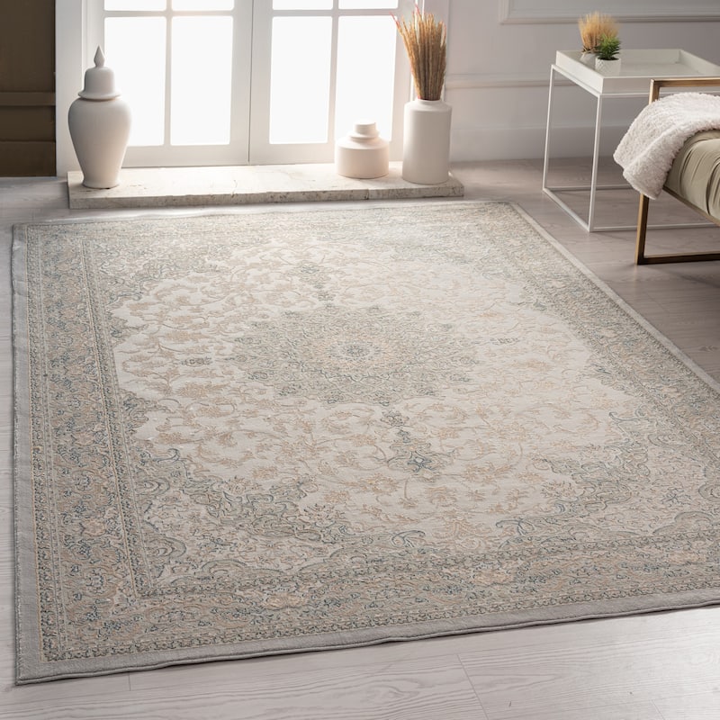 Sevita Gray and Cream Traditional Medallion Polyester Area Rug