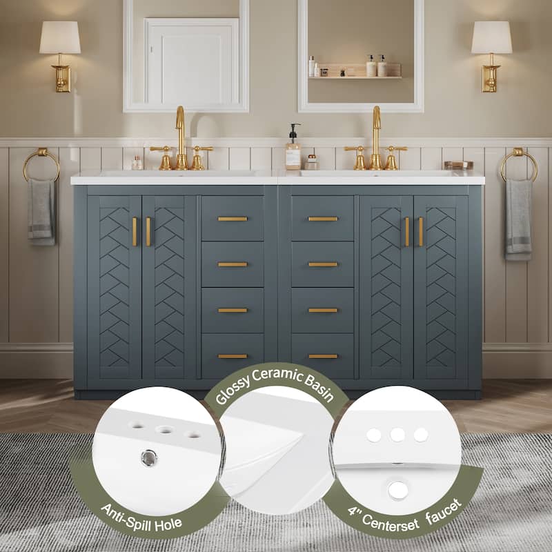 Roomfitters 60" Double Sink Bathroom Vanity with Ceramic Top, Solid Wood Storage Cabinet with Drawers and Soft Close Doors