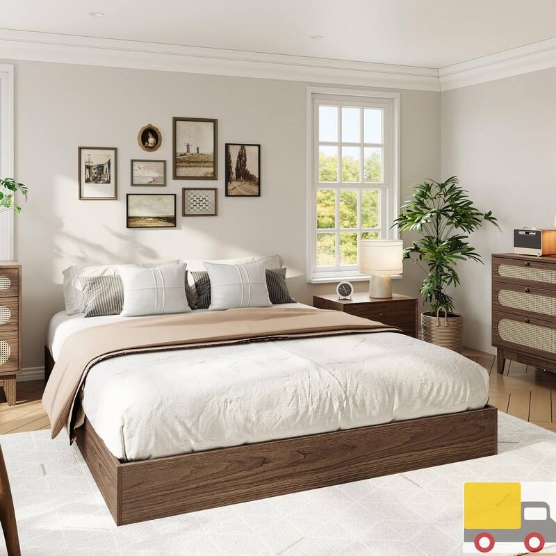 Modern Solid Wood Platform Bed Frame - Full - Brown