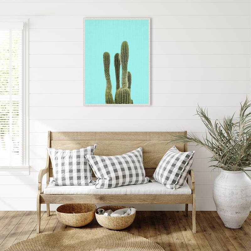 Turquoise Cactus by Lola Peacock Framed Canvas Wall Art Print - Sylvie Beaded White