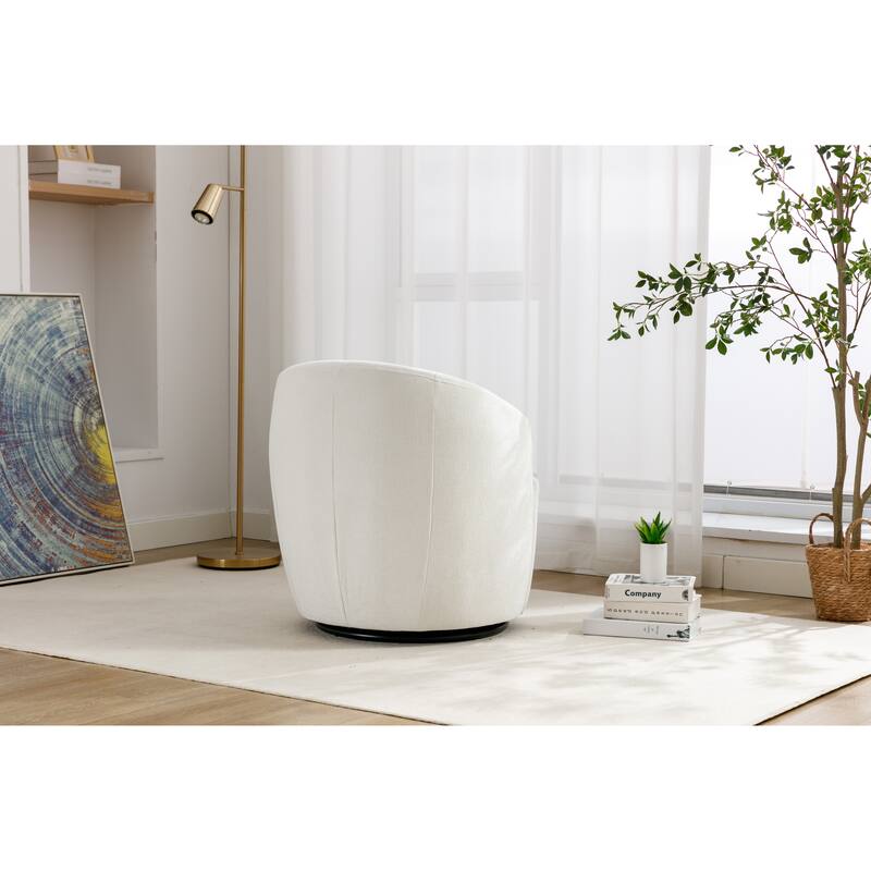 Ivory Chenille Modern 25.6" Upholstered Swivel Barrel Chair with Black Powder Coating and Metal Ring