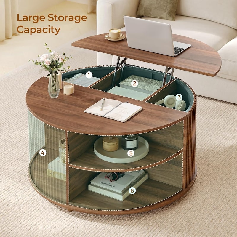 Round Lift Top Coffee Table 180 Grad Curved Sliding Door Living Room