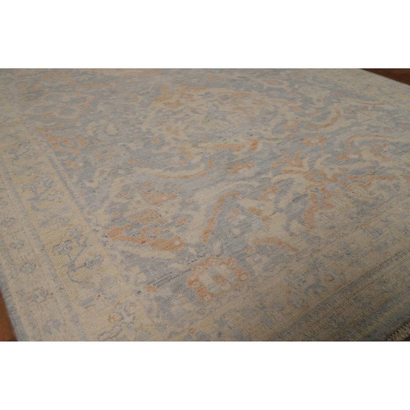 Vegetable Dye Floral Oushak Turkish Area Rug Blue Handmade Wool Carpet - 5'0"x 7'11" - 5'0"x 7'11" - Blue