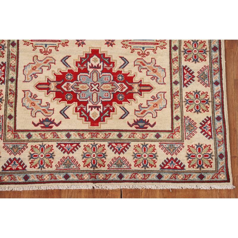Geometric Beige Kazak Area Rug Handmade Oriental Wool Carpet - 3'11" x 5'10"