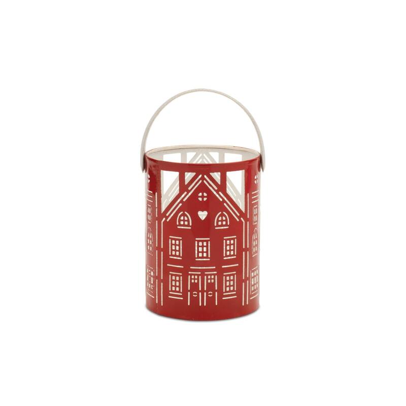 Punched Metal House Candle Lanterns - 12.5" - Red and White - Set of 3