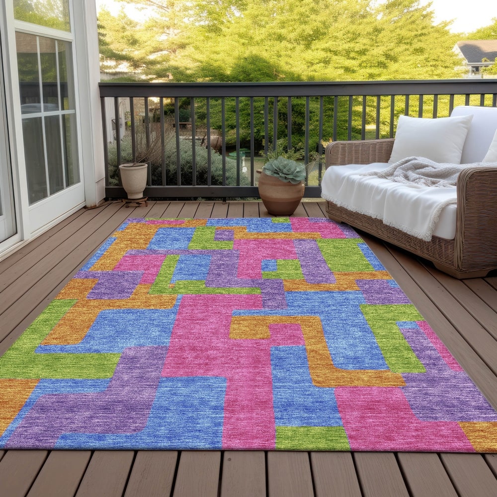Machine Washable Indoor/ Outdoor Chantille Contemporary Blocks Rug