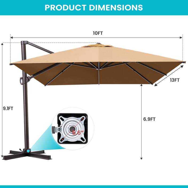 10x13FT Patio Cantilever Umbrella Outdoor Offset Umbrella 360-Degree Rotation with No Base