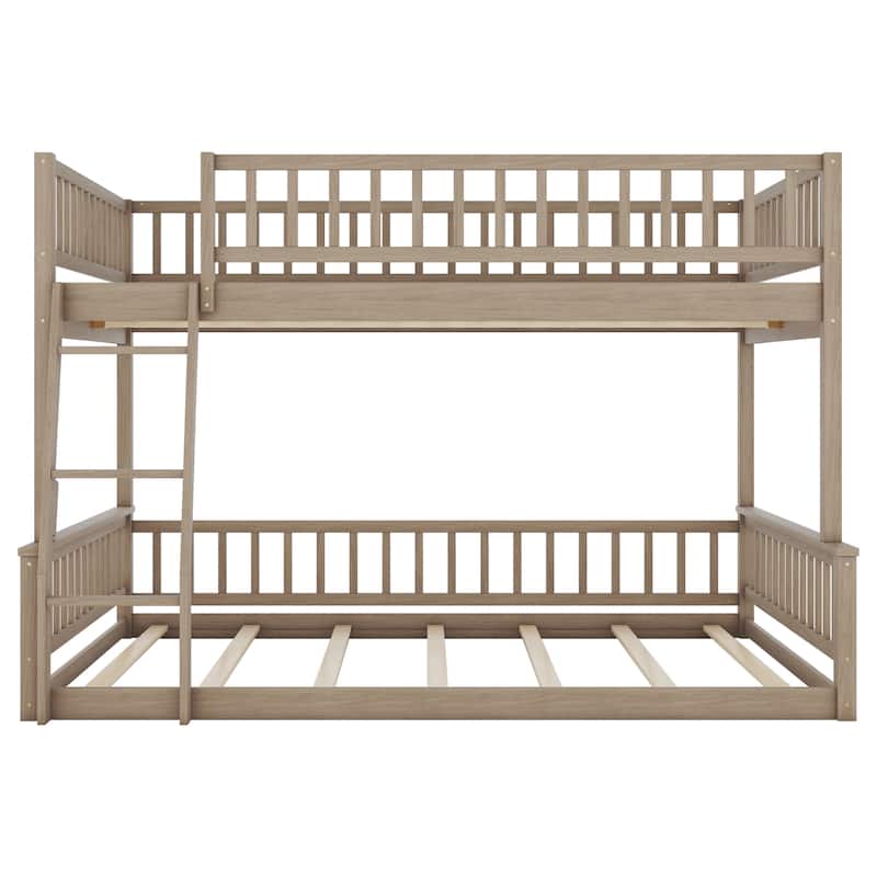 Floor Bunk Bed with Ladder and Guardrails, Full XL Over Queen Bed