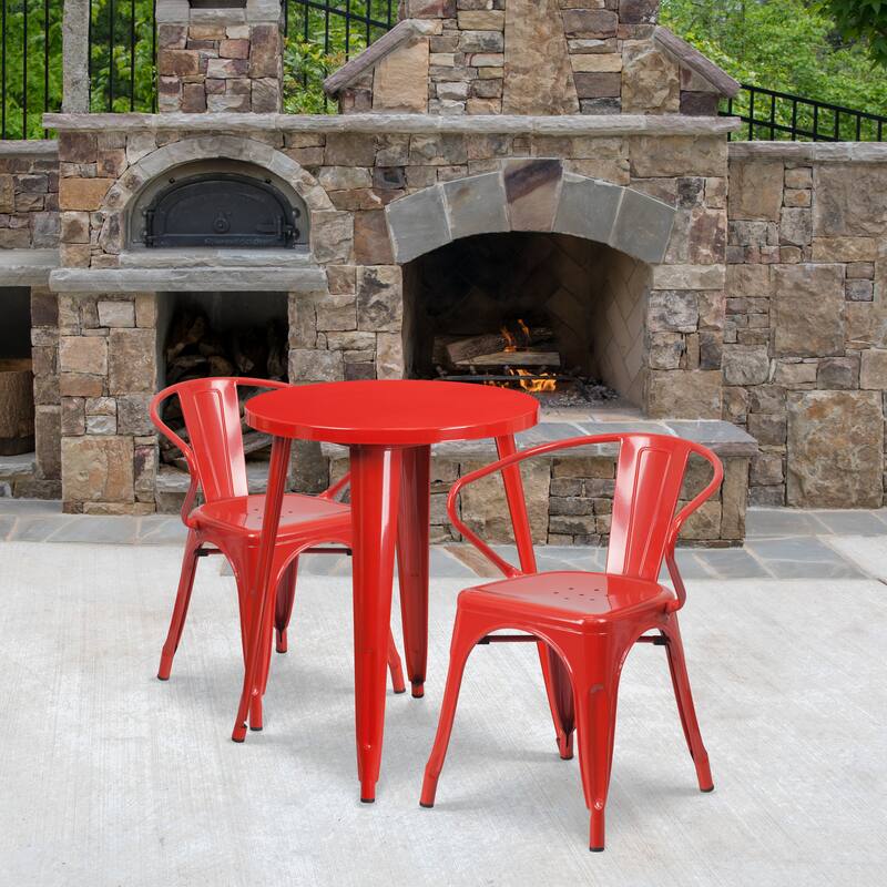 24'' Round Metal Indoor-Outdoor Table Set with 2 Arm Chairs - Red