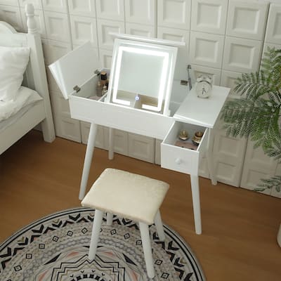 Flip-Top Makeup Vanity Set with LED Light Mirror and Power Socket