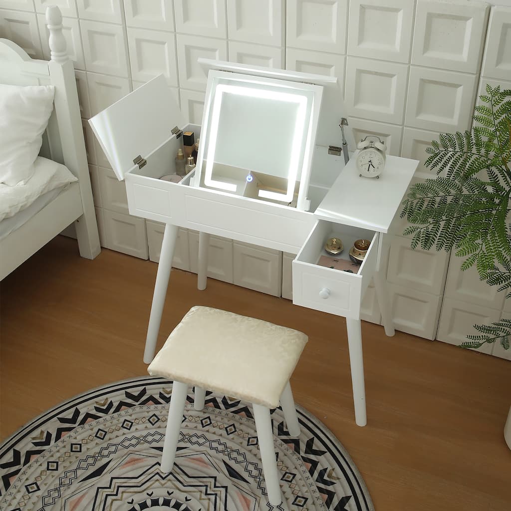 Vanity Desk Set with LED Lighted Mirror & Power Outlet, Flip Top Makeup Vanity Table with Drawers & Cabinet