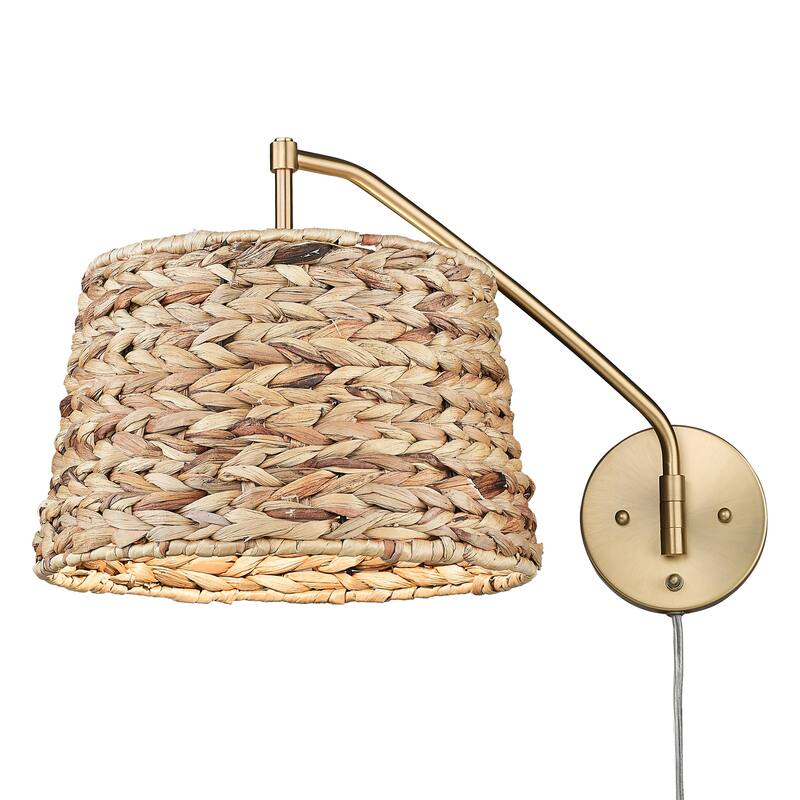 Wry Lighting Ryleigh 1-light Swing Arm in Brushed Champagne Brass and Woven Sweet Grass - 1 Light Articulating Wall Sconce