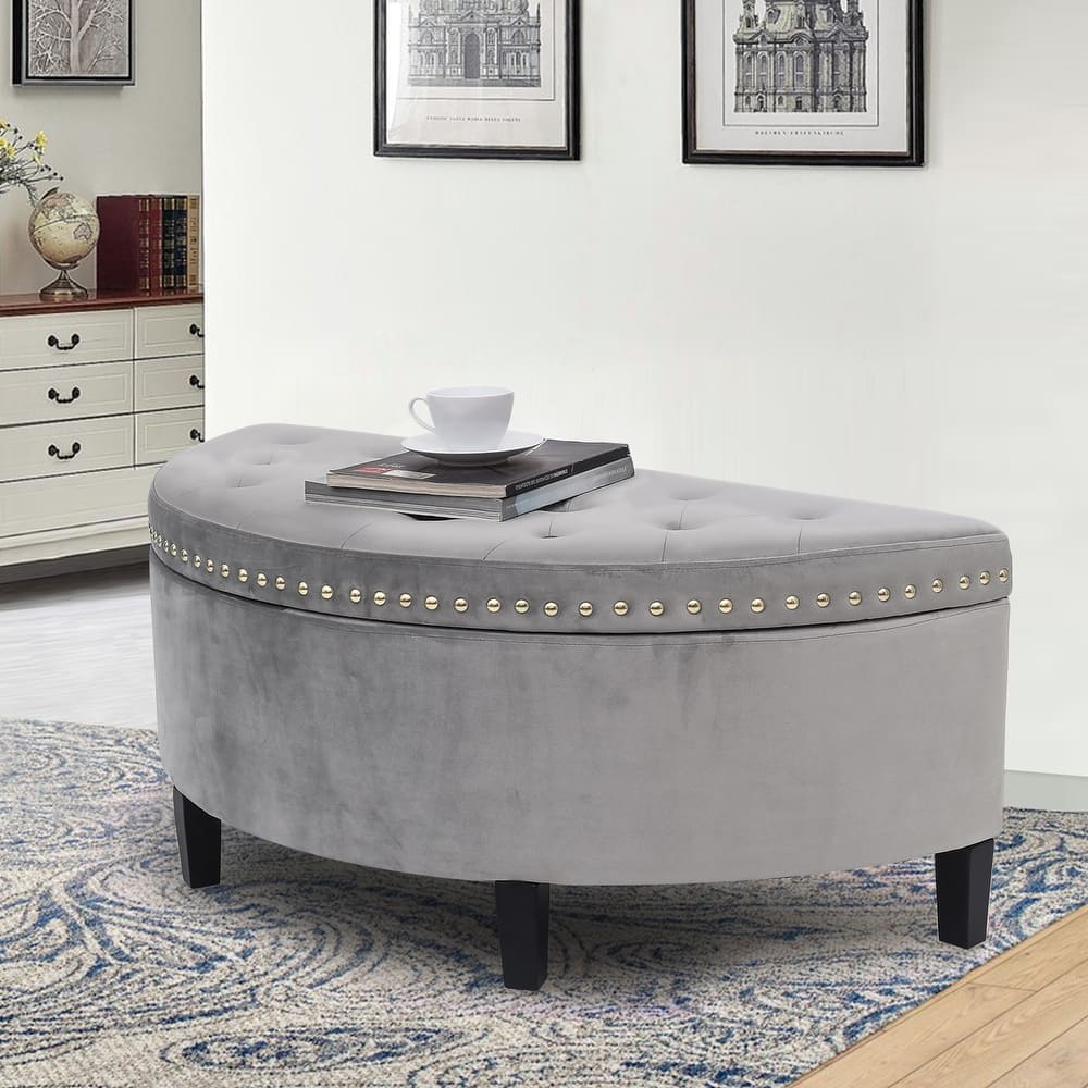 Adeco Half Moon Tufted Storage Ottoman Bench