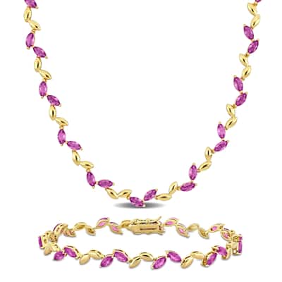Miadora 29 7/8ct TGW Created Pink Sapphire Leaf Neckace and Bracelet Set Yellow Plated Silver