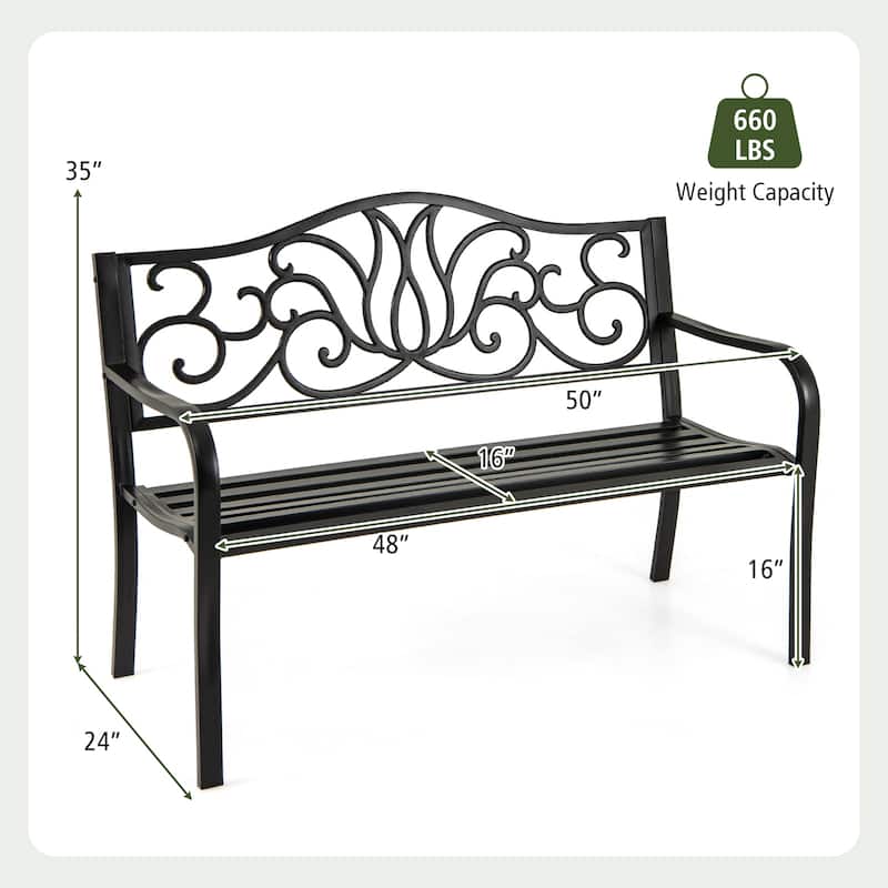 Black Cast Iron Metal Garden Bench with Floral Backrest and Ergonomic Design - 50" L x 24" W x 35" H