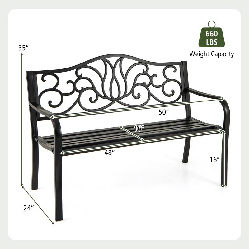 Gymax 2-person Metal Bench w/ Floral Pattern Slanted Backrest Slatted