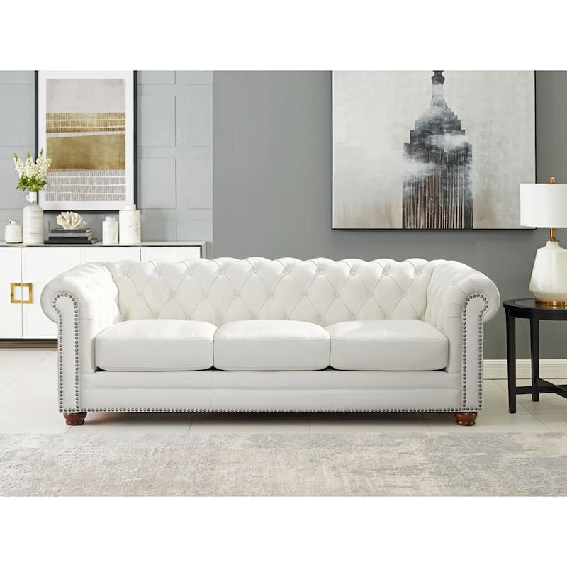 Hydeline Aliso Top Grain Leather Chesterfield Sofa with Feather, Memory Foam and Springs - White
