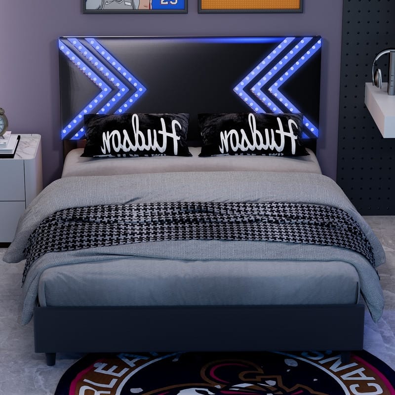 Mixoy Gaming Bed with Lights,Boys LED Bed Frame,Black PVC Leather Upholstered Headboard,Bed Frame for Gamers