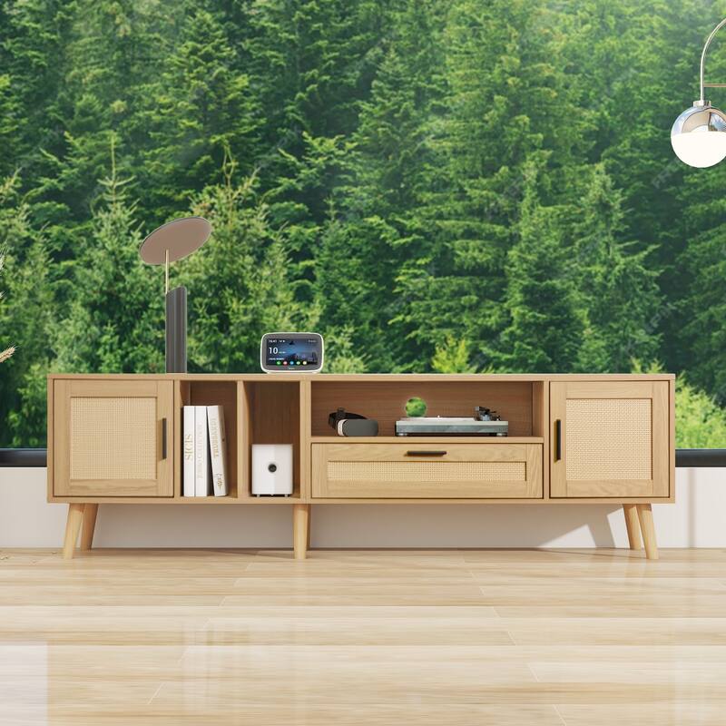 Rattan TV Stand Media Console Table for TVs up to 80", Entertainment Center with Solid Wood Legs, TV cabinet