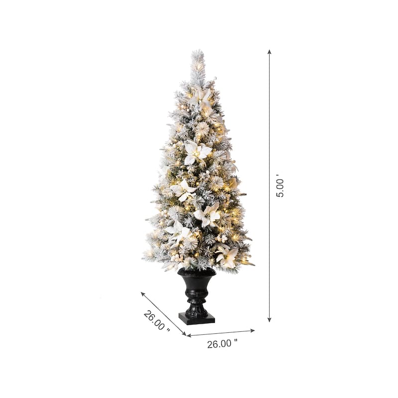 Glitzhome 5FT Pre-Lit Flocked Pine Artificial Christmas Porch Tree with 150 Warm White Lights and Poinsettia