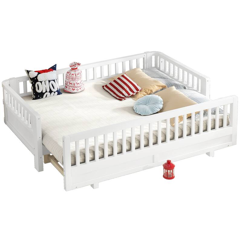 Wooden Platform Sofa Bed Frame with Guardrails, Solid Wood Pull Out Daybed, Can Be Converted into a Double Platform Bed